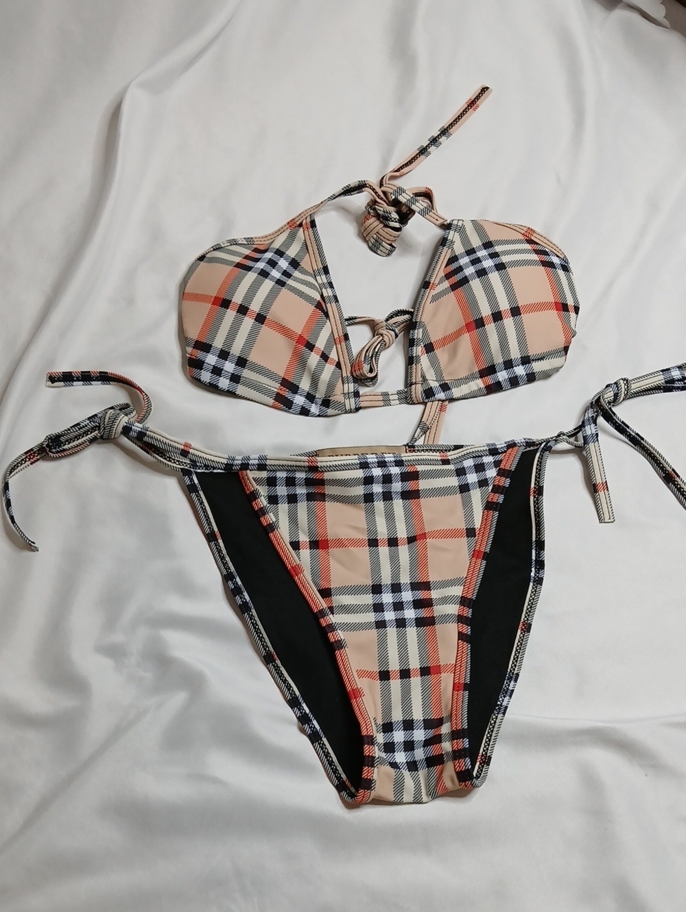 Burberry Beige Plaid Tie-Side Bikini with Black Accents